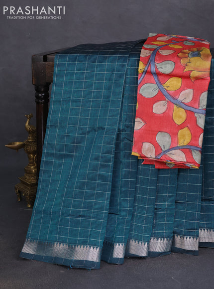 Mangalgiri silk cotton saree peacock green and maroon with allover zari checked pattern and silver zari woven border