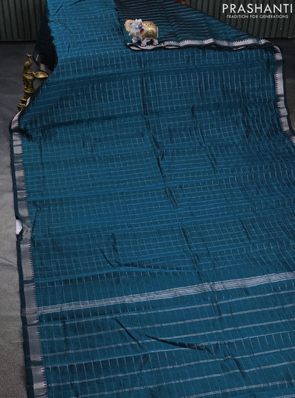 Mangalgiri silk cotton saree peacock green and maroon with allover zari checked pattern and silver zari woven border