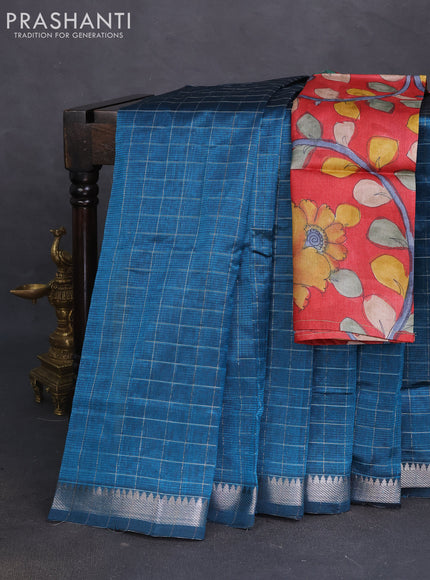 Mangalgiri silk cotton saree peacock blue and maroon with allover zari checked pattern and silver zari woven border