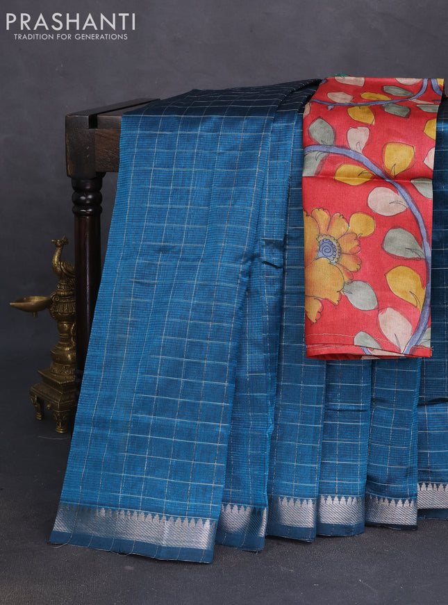 Mangalgiri silk cotton saree peacock blue and maroon with allover zari checked pattern and silver zari woven border