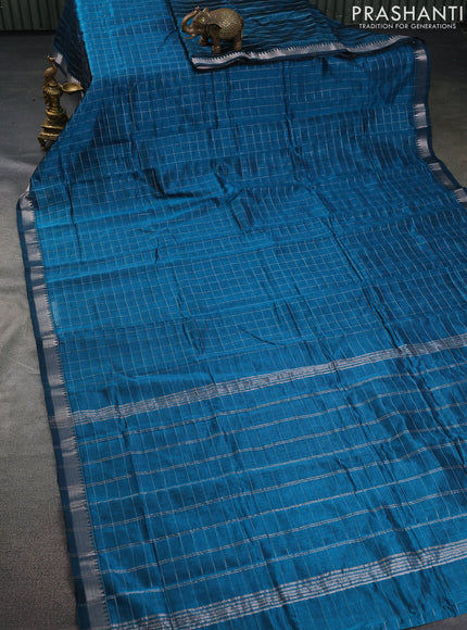 Mangalgiri silk cotton saree peacock blue and maroon with allover zari checked pattern and silver zari woven border