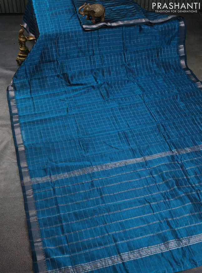 Mangalgiri silk cotton saree peacock blue and maroon with allover zari checked pattern and silver zari woven border