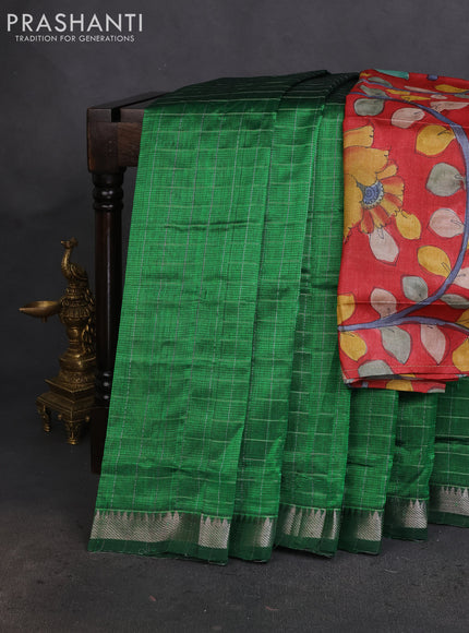 Mangalgiri silk cotton saree green and maroon with allover zari checked pattern and silver zari woven border