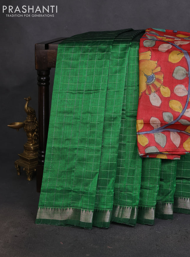 Mangalgiri silk cotton saree green and maroon with allover zari checked pattern and silver zari woven border