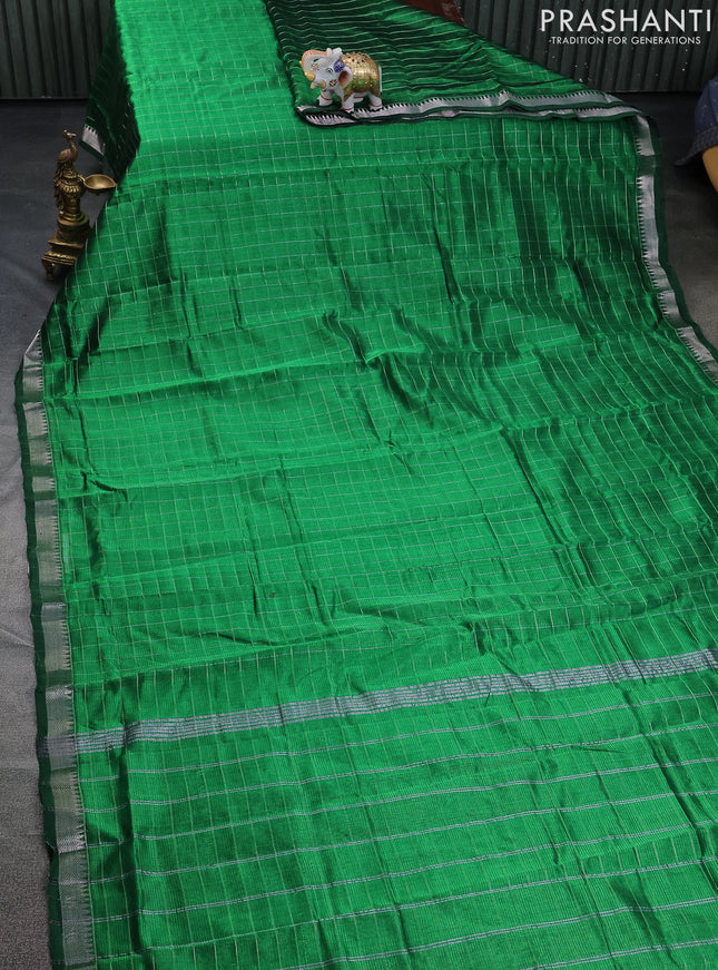 Mangalgiri silk cotton saree green and maroon with allover zari checked pattern and silver zari woven border