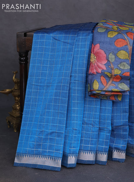 Mangalgiri silk cotton saree cs blue and dark grey with allover zari checked pattern and silver zari woven border