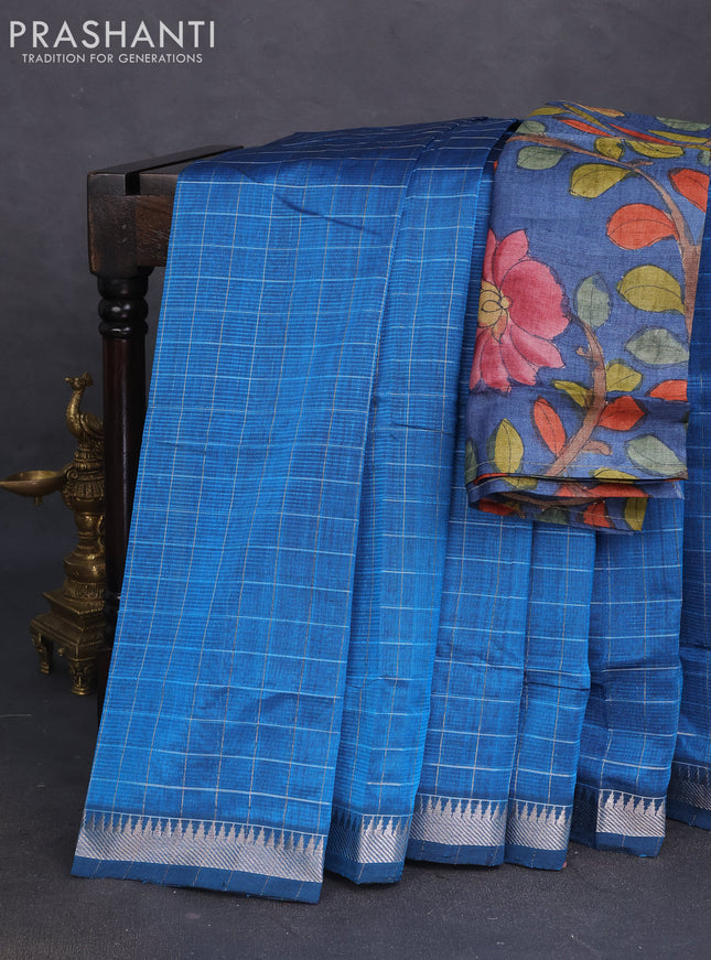 Mangalgiri silk cotton saree cs blue and dark grey with allover zari checked pattern and silver zari woven border