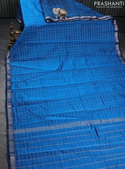 Mangalgiri silk cotton saree cs blue and dark grey with allover zari checked pattern and silver zari woven border
