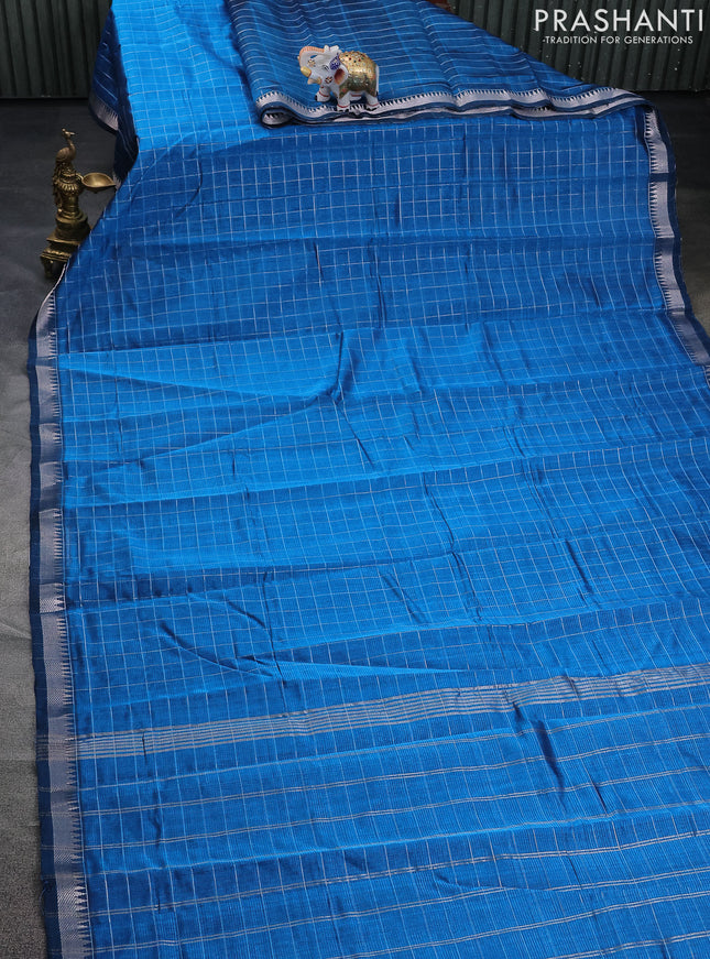 Mangalgiri silk cotton saree cs blue and dark grey with allover zari checked pattern and silver zari woven border