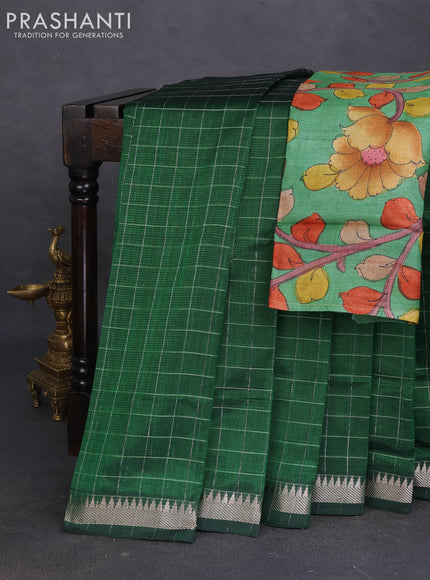 Mangalgiri silk cotton saree green with allover zari checked pattern and silver zari woven border