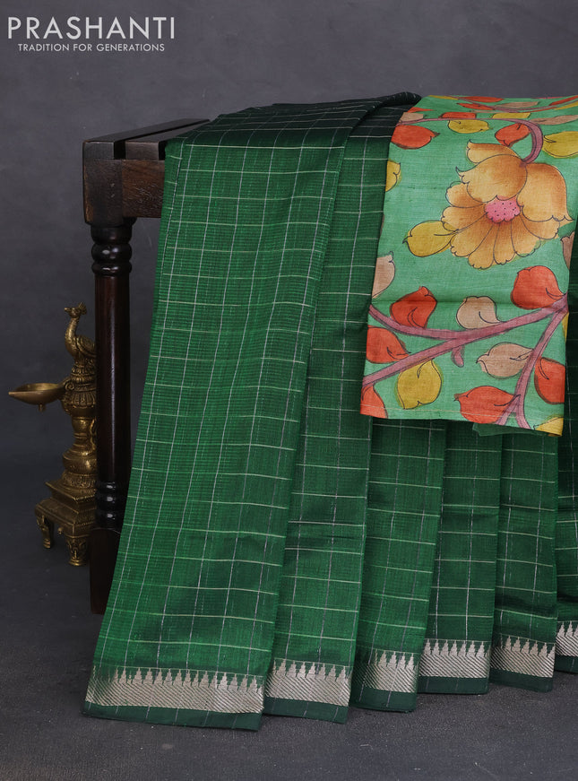 Mangalgiri silk cotton saree green with allover zari checked pattern and silver zari woven border