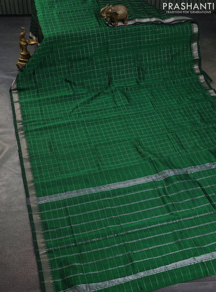 Mangalgiri silk cotton saree green with allover zari checked pattern and silver zari woven border