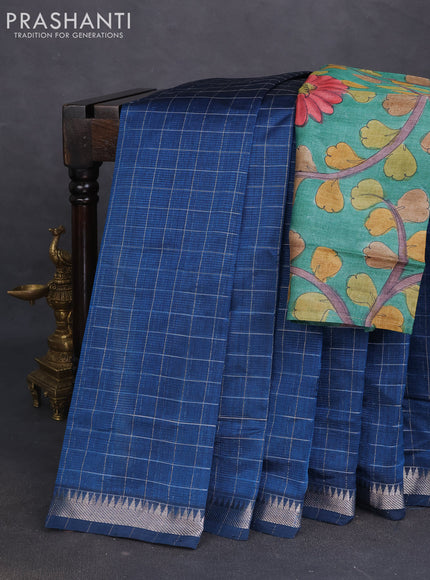 Mangalgiri silk cotton saree peacock blue and teal green with allover zari checked pattern and silver zari woven border