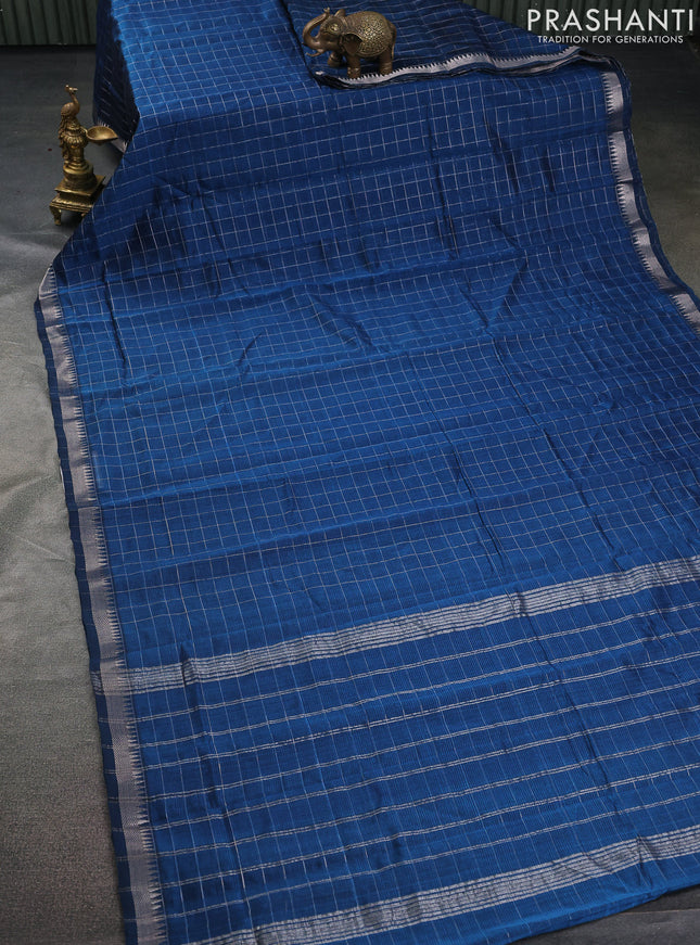 Mangalgiri silk cotton saree peacock blue and teal green with allover zari checked pattern and silver zari woven border