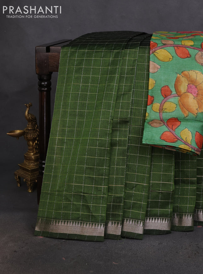 Mangalgiri silk cotton saree sap green and green with allover zari checked pattern and silver zari woven border