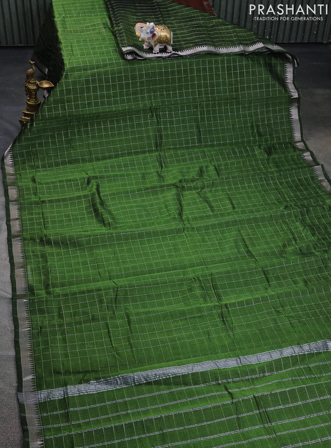 Mangalgiri silk cotton saree sap green and green with allover zari checked pattern and silver zari woven border