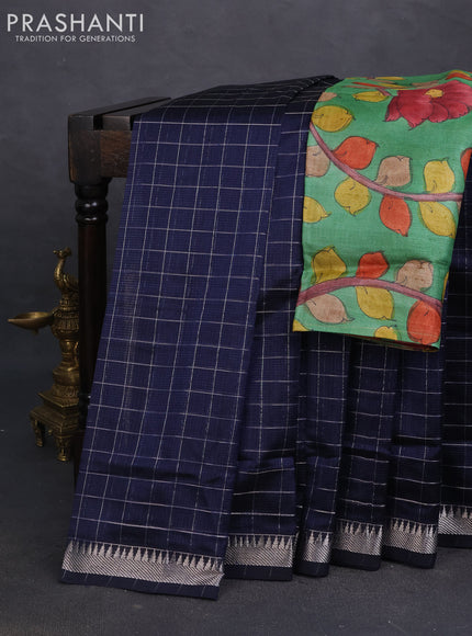 Mangalgiri silk cotton saree navy blue and green with allover zari checked pattern and silver zari woven border