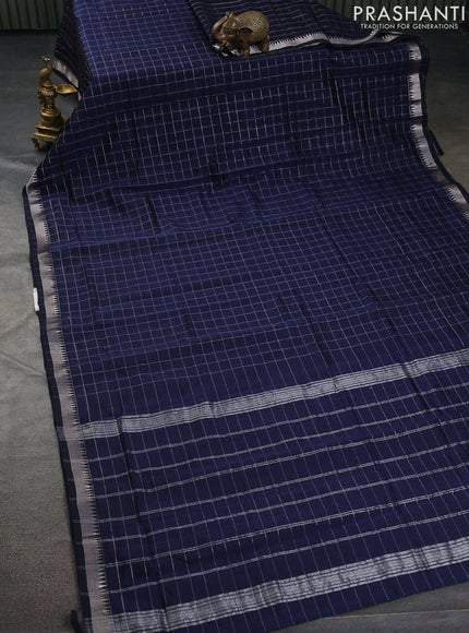 Mangalgiri silk cotton saree navy blue and green with allover zari checked pattern and silver zari woven border