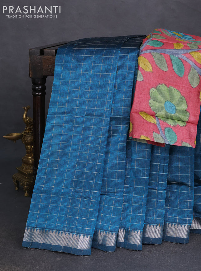 Mangalgiri silk cotton saree cs blue and pink shade with allover zari checked pattern and silver zari woven border