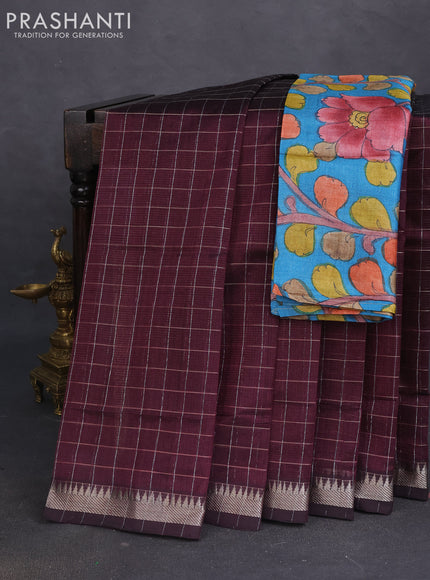 Mangalgiri silk cotton saree wine shade and blue with allover zari checked pattern and silver zari woven border