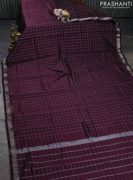 Mangalgiri silk cotton saree wine shade and blue with allover zari checked pattern and silver zari woven border