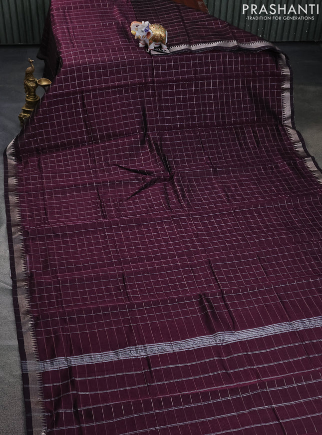 Mangalgiri silk cotton saree wine shade and blue with allover zari checked pattern and silver zari woven border