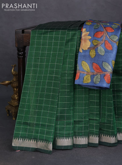 Mangalgiri silk cotton saree green and bluish grey with allover zari checked pattern and silver zari woven border