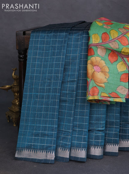 Mangalgiri silk cotton saree peacock green and green with allover zari checked pattern and silver zari woven border