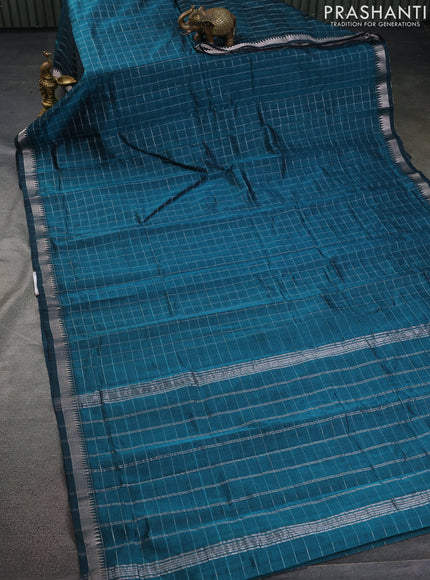 Mangalgiri silk cotton saree peacock green and green with allover zari checked pattern and silver zari woven border