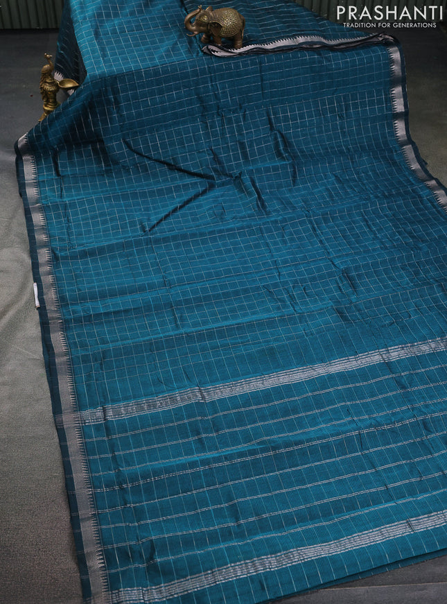 Mangalgiri silk cotton saree peacock green and green with allover zari checked pattern and silver zari woven border