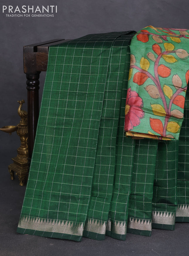 Mangalgiri silk cotton saree green with allover zari checked pattern and silver zari woven border