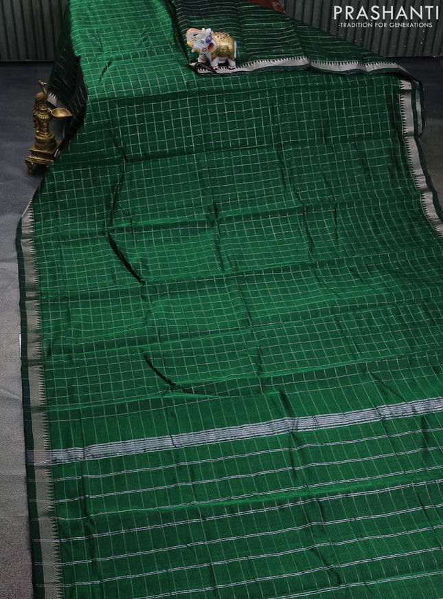 Mangalgiri silk cotton saree green with allover zari checked pattern and silver zari woven border
