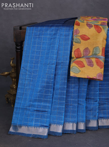 Mangalgiri silk cotton saree cs blue and mustard yellow with allover zari checked pattern and silver zari woven border