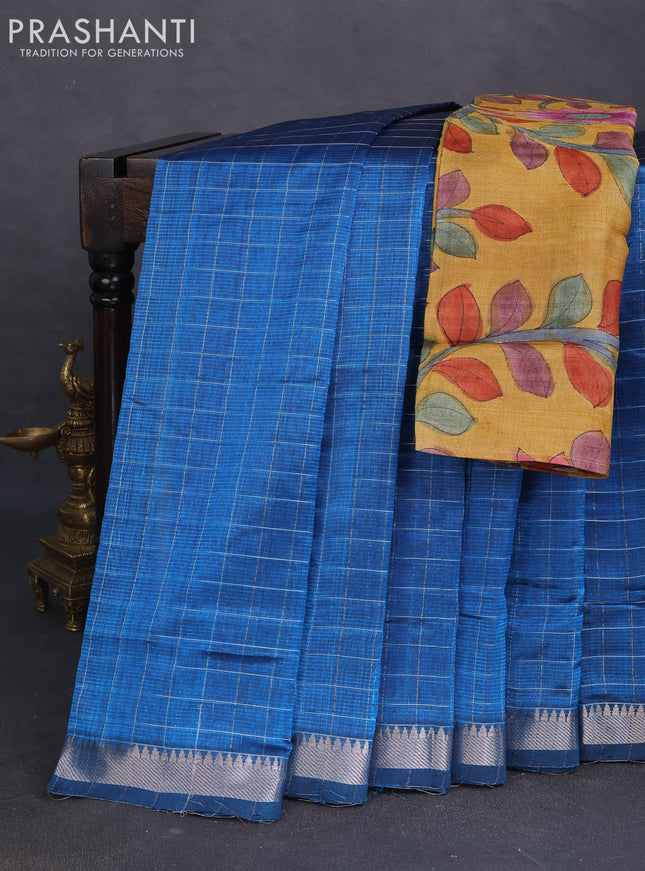 Mangalgiri silk cotton saree cs blue and mustard yellow with allover zari checked pattern and silver zari woven border