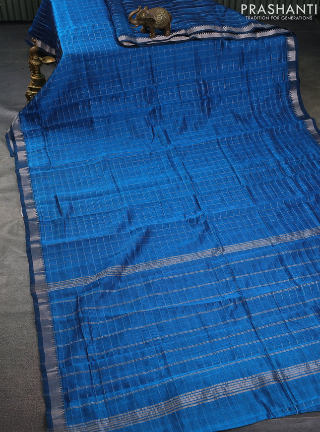Mangalgiri silk cotton saree cs blue and mustard yellow with allover zari checked pattern and silver zari woven border