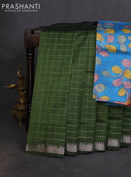 Mangalgiri silk cotton saree sap green and cs blue with allover zari checked pattern and silver zari woven border