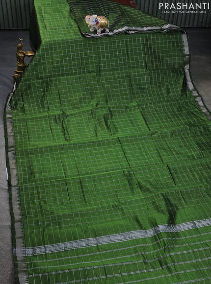 Mangalgiri silk cotton saree sap green and cs blue with allover zari checked pattern and silver zari woven border
