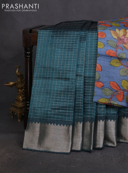 Mangalgiri silk cotton saree peacock green and blue with allover zari checked pattern and silver zari woven border
