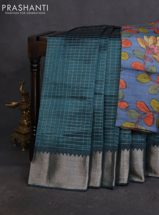 Mangalgiri silk cotton saree peacock green and blue with allover zari checked pattern and silver zari woven border