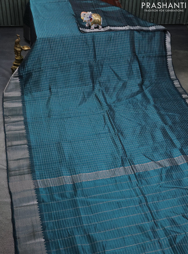 Mangalgiri silk cotton saree peacock green and blue with allover zari checked pattern and silver zari woven border