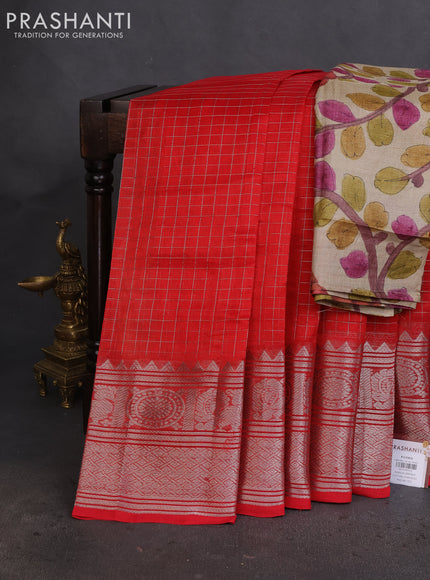 Mangalgiri silk cotton saree red and beige with allover zari checked pattern and long silver zari woven border
