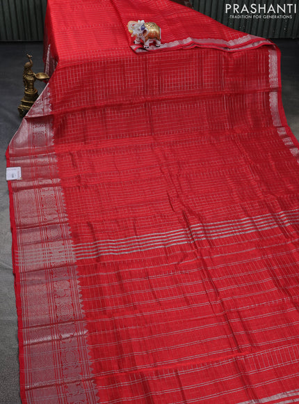 Mangalgiri silk cotton saree red and beige with allover zari checked pattern and long silver zari woven border