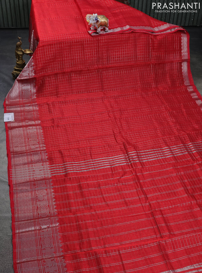 Mangalgiri silk cotton saree red and beige with allover zari checked pattern and long silver zari woven border