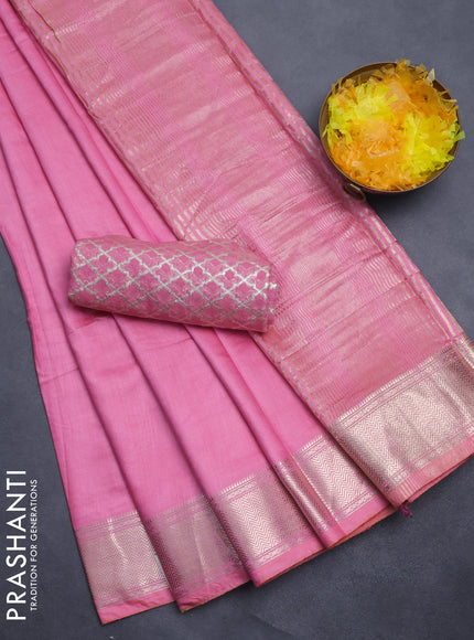 Semi mangalgiri saree light pink with plain body and zari woven border