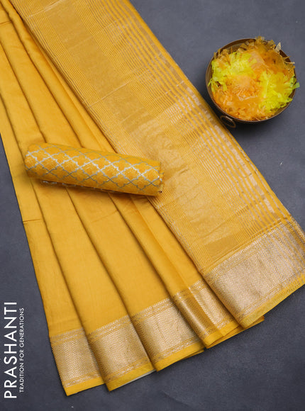 Semi mangalgiri saree yellow with plain body and zari woven border
