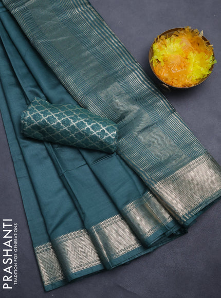 Semi mangalgiri saree peacock green with plain body and zari woven border