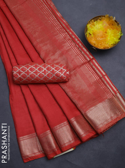 Semi mangalgiri saree rust shade with plain body and zari woven border