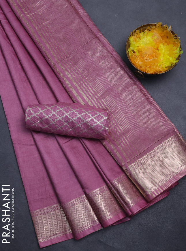 Semi mangalgiri saree mauve pink with plain body and zari woven border