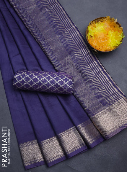 Semi mangalgiri saree navy blue with plain body and zari woven border