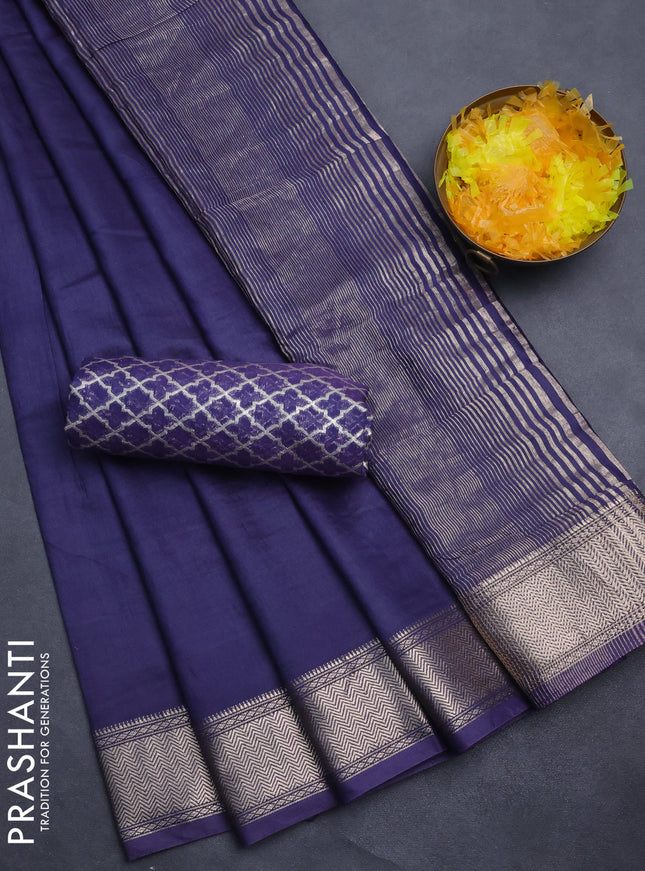Semi mangalgiri saree navy blue with plain body and zari woven border